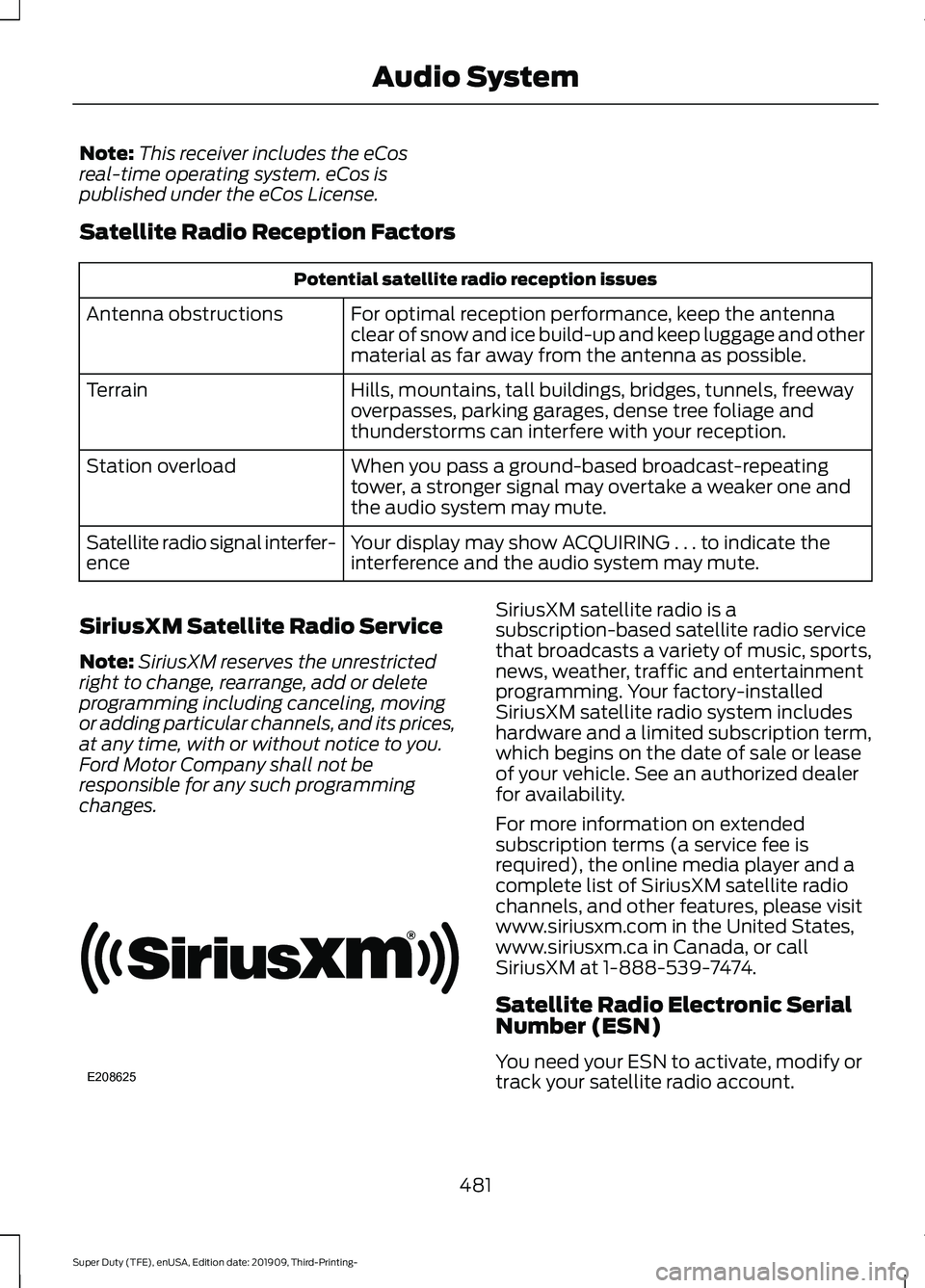 FORD F-350 2020 Owners Manual Note:
This receiver includes the eCos
real-time operating system. eCos is
published under the eCos License.
Satellite Radio Reception Factors Potential satellite radio reception issues
For optimal rec FORD F-350 2020 Owners Manual Note:
This receiver includes the eCos
real-time operating system. eCos is
published under the eCos License.
Satellite Radio Reception Factors Potential satellite radio reception issues
For optimal rec