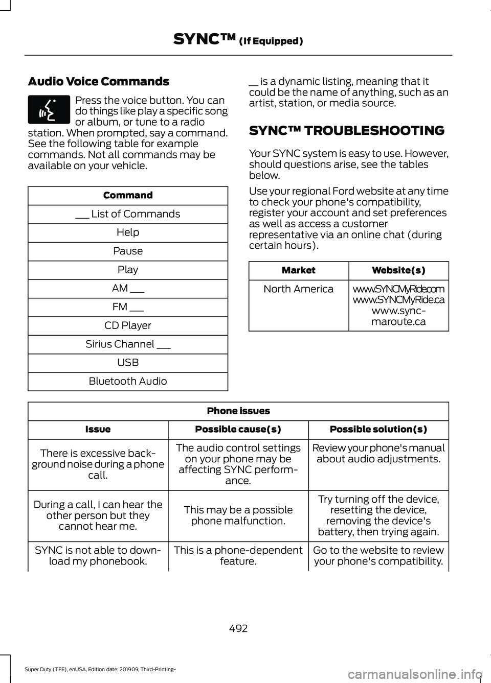 FORD F-350 2020  Owners Manual Audio Voice Commands
Press the voice button. You can
do things like play a specific song
or album, or tune to a radio
station. When prompted, say a command.
See the following table for example
command