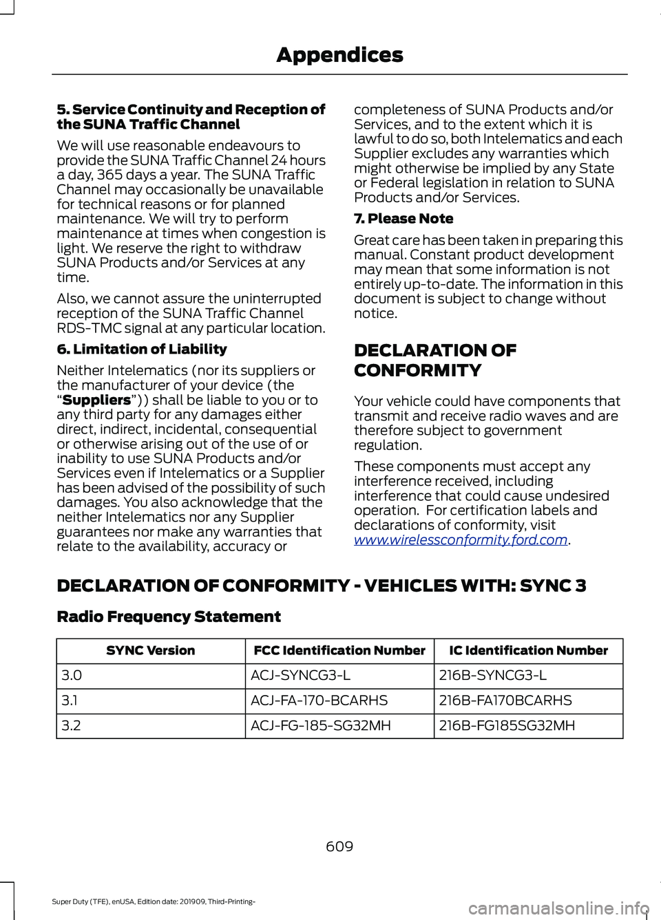 FORD F-350 2020 Owners Manual 5. Service Continuity and Reception of
the SUNA Traffic Channel
We will use reasonable endeavours to
provide the SUNA Traffic Channel 24 hours
a day, 365 days a year. The SUNA Traffic
Channel may occa FORD F-350 2020 Owners Manual 5. Service Continuity and Reception of
the SUNA Traffic Channel
We will use reasonable endeavours to
provide the SUNA Traffic Channel 24 hours
a day, 365 days a year. The SUNA Traffic
Channel may occa