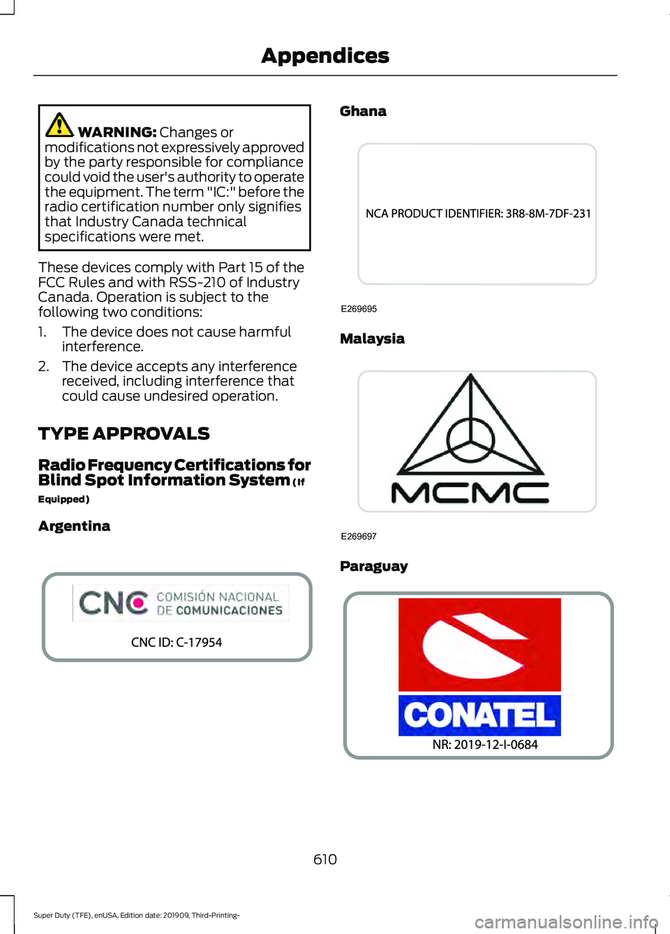 FORD F-350 2020 Owners Manual WARNING: Changes or
modifications not expressively approved
by the party responsible for compliance
could void the user's authority to operate
the equipment. The term "IC:" before the
radi FORD F-350 2020 Owners Manual WARNING: Changes or
modifications not expressively approved
by the party responsible for compliance
could void the user's authority to operate
the equipment. The term "IC:" before the
radi