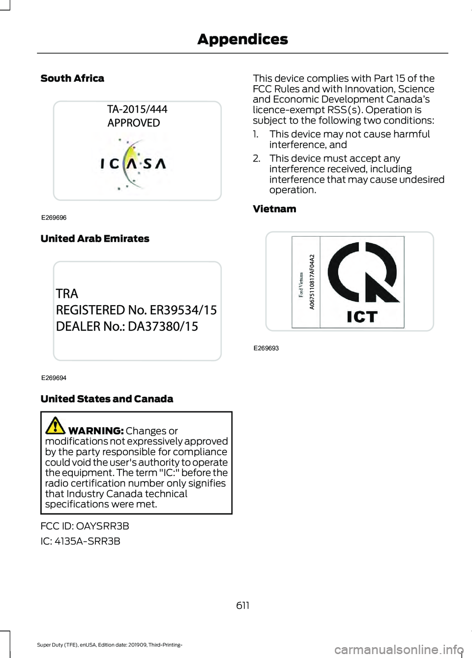 FORD F-350 2020 Owners Manual South Africa
United Arab Emirates
United States and Canada
WARNING: Changes or
modifications not expressively approved
by the party responsible for compliance
could void the user's authority to op FORD F-350 2020 Owners Manual South Africa
United Arab Emirates
United States and Canada
WARNING: Changes or
modifications not expressively approved
by the party responsible for compliance
could void the user's authority to op