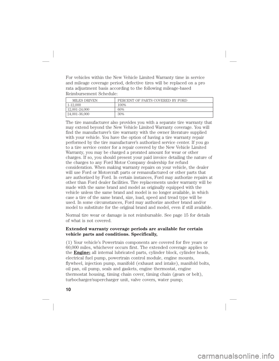 FORD F-350 2020 Warranty Guide For vehicles within the New Vehicle Limited Warranty time in service
and mileage coverage period, defective tires will be replaced on a pro
rata adjustment basis according to the following mileage-bas FORD F-350 2020 Warranty Guide For vehicles within the New Vehicle Limited Warranty time in service
and mileage coverage period, defective tires will be replaced on a pro
rata adjustment basis according to the following mileage-bas