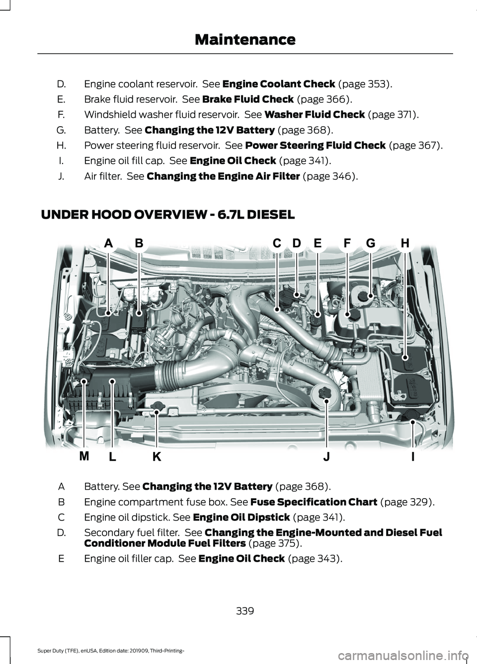 FORD F-450 2020 Owners Manual Engine coolant reservoir. See Engine Coolant Check (page 353).
D.
Brake fluid reservoir. See
Brake Fluid Check (page 366).
E.
Windshield washer fluid reservoir. See
Washer Fluid Check (page 371). FORD F-450 2020 Owners Manual Engine coolant reservoir. See Engine Coolant Check (page 353).
D.
Brake fluid reservoir. See
Brake Fluid Check (page 366).
E.
Windshield washer fluid reservoir. See
Washer Fluid Check (page 371).