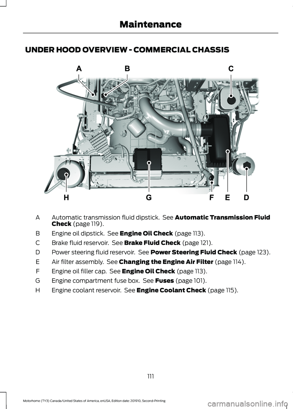 FORD F-53 2020 Owners Manual UNDER HOOD OVERVIEW - COMMERCIAL CHASSIS
Automatic transmission fluid dipstick. See Automatic Transmission Fluid
Check (page 119).
A
Engine oil dipstick. See
Engine Oil Check (page 113).
B
Brake fl FORD F-53 2020 Owners Manual UNDER HOOD OVERVIEW - COMMERCIAL CHASSIS
Automatic transmission fluid dipstick. See Automatic Transmission Fluid
Check (page 119).
A
Engine oil dipstick. See
Engine Oil Check (page 113).
B
Brake fl