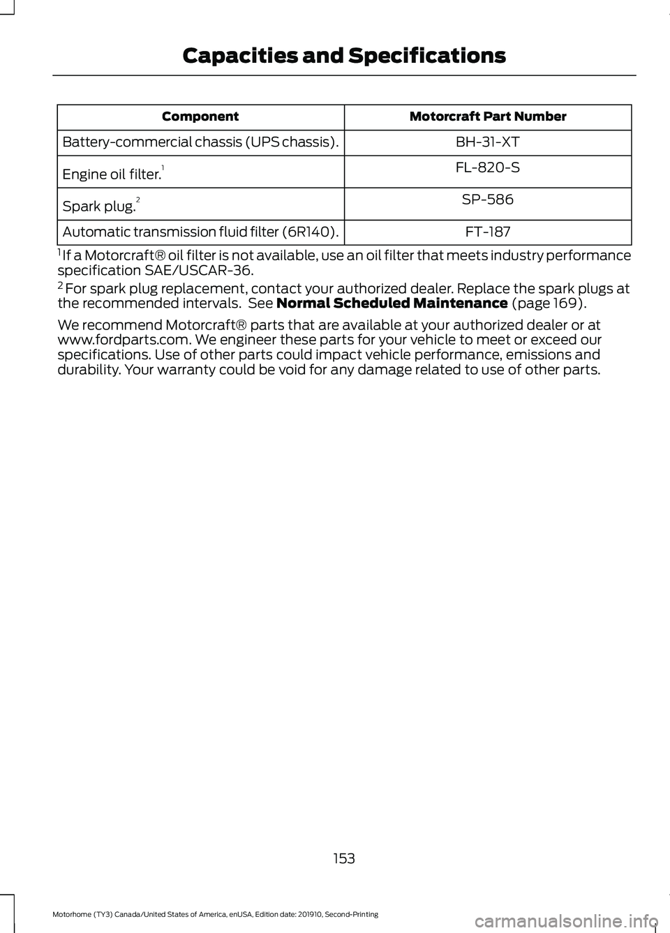 FORD F-53 2020  Owners Manual Motorcraft Part Number
Component
BH-31-XT
Battery-commercial chassis (UPS chassis).
FL-820-S
Engine oil filter. 1
SP-586
Spark plug. 2
FT-187
Automatic transmission fluid filter (6R140).
1  If a Motor