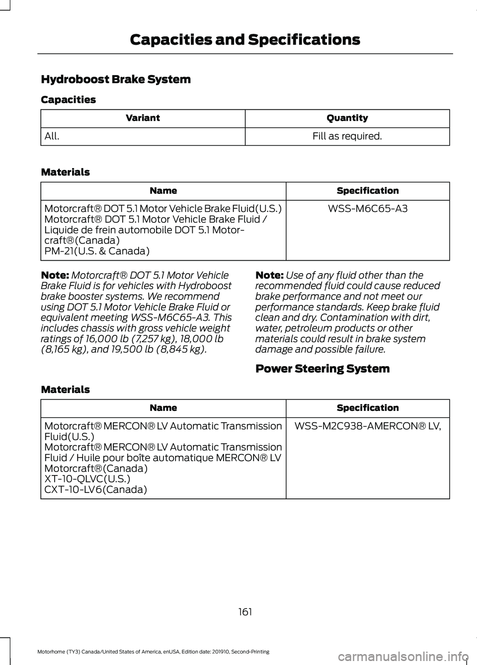 FORD F-53 2020  Owners Manual Hydroboost Brake System
Capacities
Quantity
Variant
Fill as required.
All.
Materials Specification
Name
WSS-M6C65-A3
Motorcraft® DOT 5.1 Motor Vehicle Brake Fluid(U.S.)
Motorcraft® DOT 5.1 Motor Veh