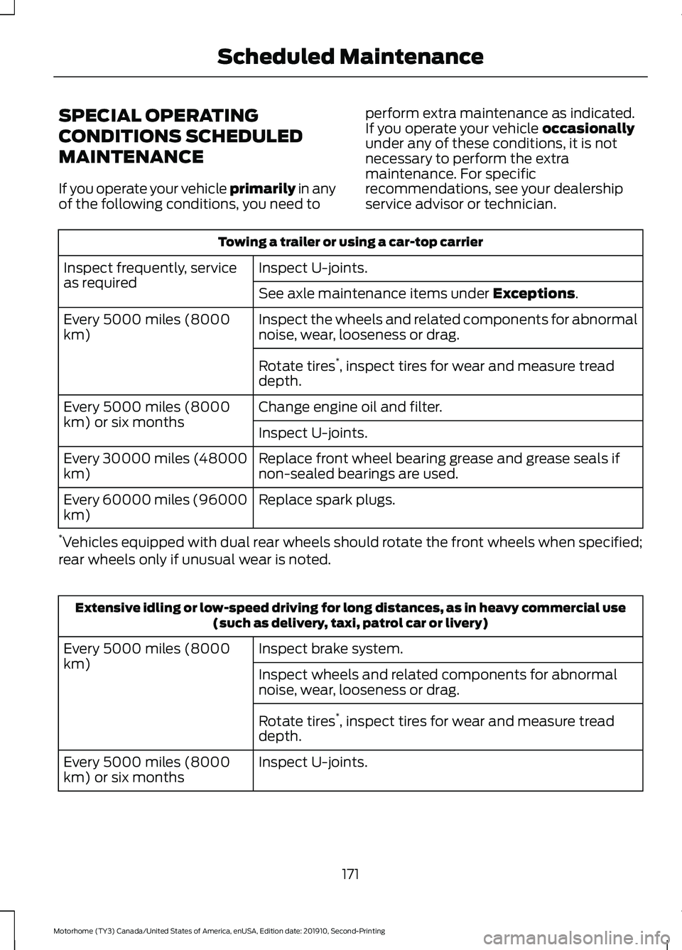 FORD F-53 2020  Owners Manual SPECIAL OPERATING
CONDITIONS SCHEDULED
MAINTENANCE
If you operate your vehicle primarily in any
of the following conditions, you need to perform extra maintenance as indicated.
If you operate your veh