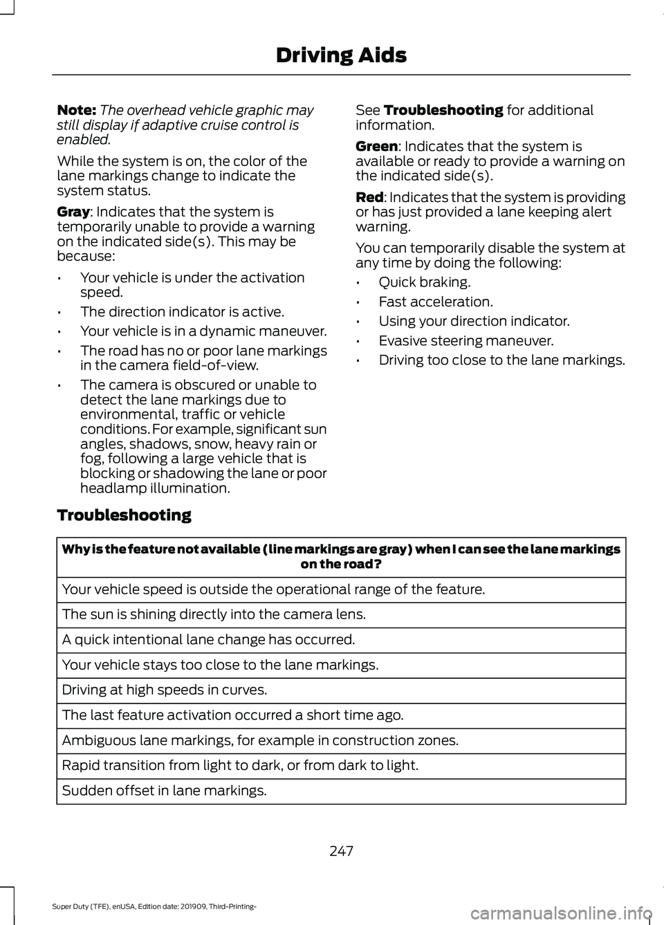 FORD F-550 2020 Owners Manual Note:
The overhead vehicle graphic may
still display if adaptive cruise control is
enabled.
While the system is on, the color of the
lane markings change to indicate the
system status.
Gray: Indicates FORD F-550 2020 Owners Manual Note:
The overhead vehicle graphic may
still display if adaptive cruise control is
enabled.
While the system is on, the color of the
lane markings change to indicate the
system status.
Gray: Indicates