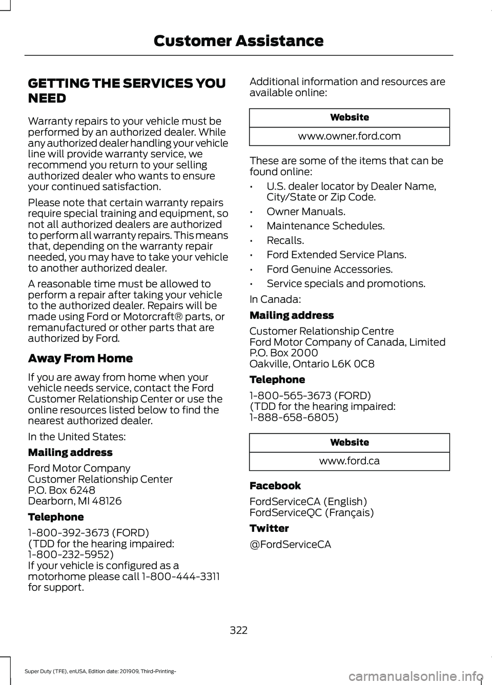 FORD F-550 2020 Owners Manual GETTING THE SERVICES YOU
NEED
Warranty repairs to your vehicle must be
performed by an authorized dealer. While
any authorized dealer handling your vehicle
line will provide warranty service, we
recom FORD F-550 2020 Owners Manual GETTING THE SERVICES YOU
NEED
Warranty repairs to your vehicle must be
performed by an authorized dealer. While
any authorized dealer handling your vehicle
line will provide warranty service, we
recom