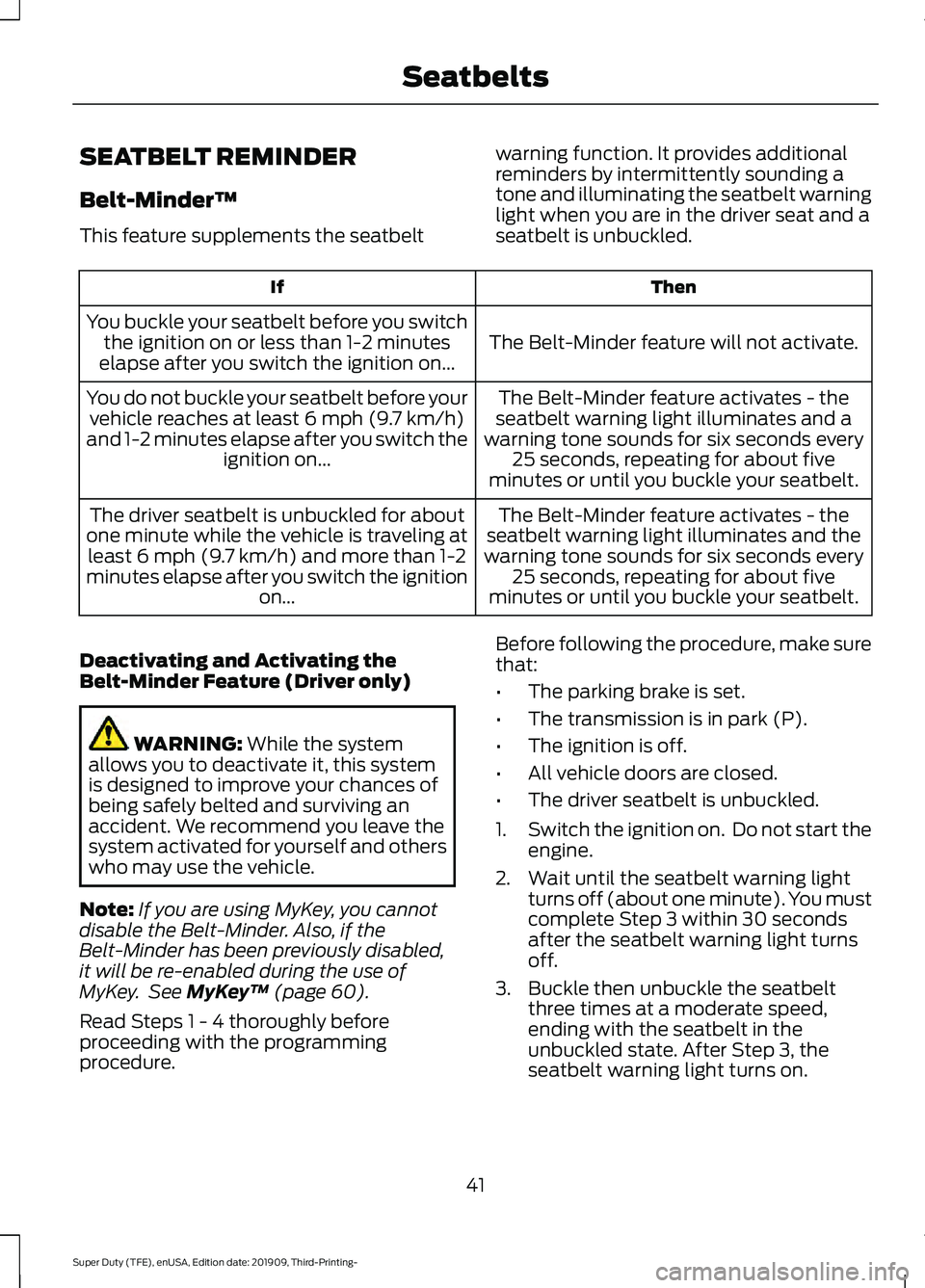 FORD F-550 2020 Owners Manual SEATBELT REMINDER
Belt-Minder™
This feature supplements the seatbelt
warning function. It provides additional
reminders by intermittently sounding a
tone and illuminating the seatbelt warning
light FORD F-550 2020 Owners Manual SEATBELT REMINDER
Belt-Minder™
This feature supplements the seatbelt
warning function. It provides additional
reminders by intermittently sounding a
tone and illuminating the seatbelt warning
light