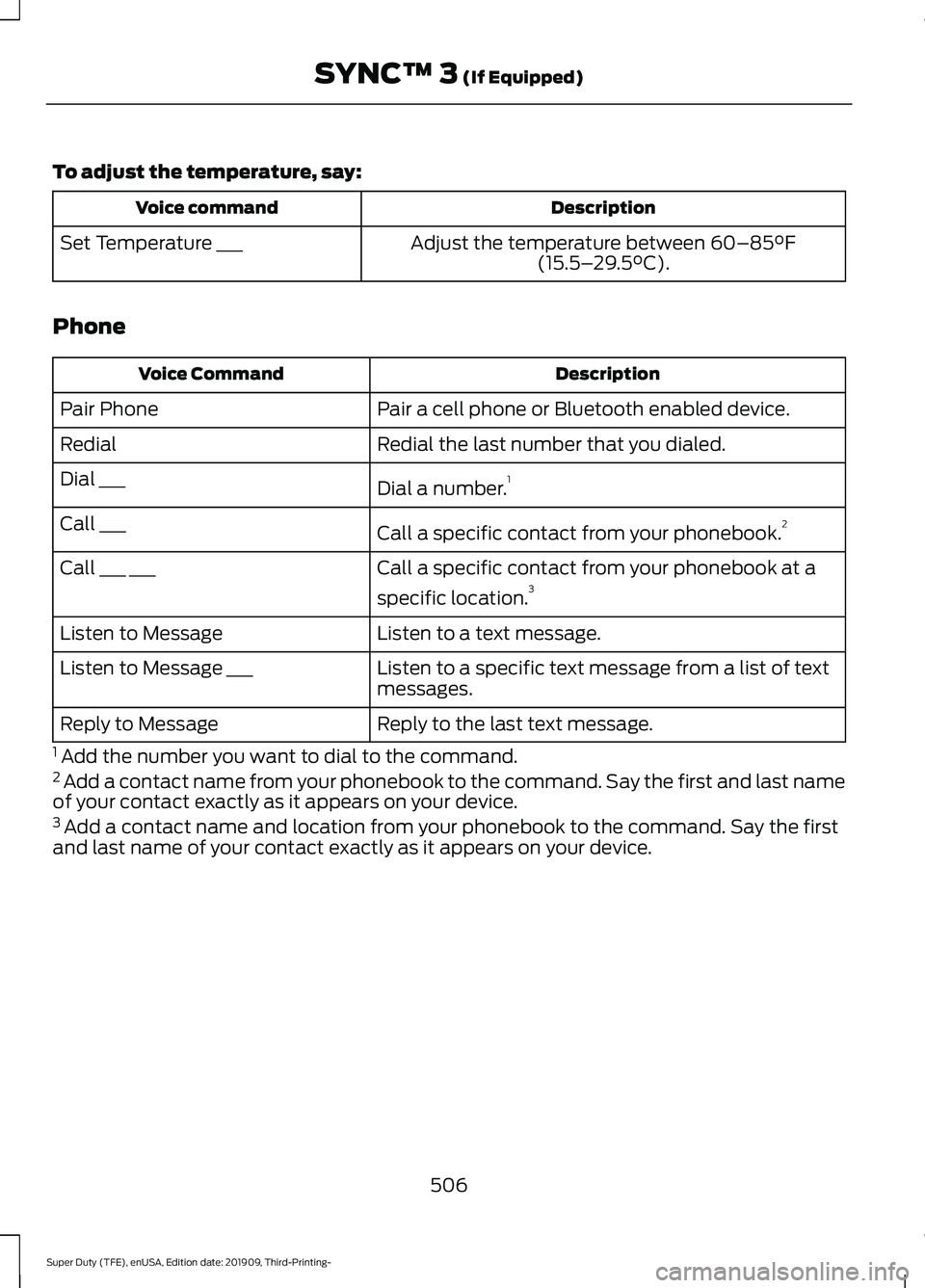 FORD F-550 2020 Owners Manual To adjust the temperature, say:
Description
Voice command
Adjust the temperature between 60–85°F
(15.5– 29.5°C).
Set Temperature ___
Phone Description
Voice Command
Pair a cell phone or Bluetoot FORD F-550 2020 Owners Manual To adjust the temperature, say:
Description
Voice command
Adjust the temperature between 60–85°F
(15.5– 29.5°C).
Set Temperature ___
Phone Description
Voice Command
Pair a cell phone or Bluetoot