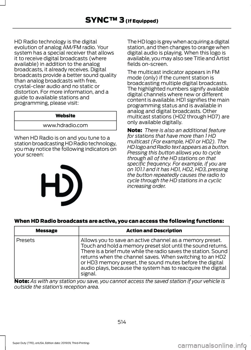 FORD F-550 2020 Owners Manual HD Radio technology is the digital
evolution of analog AM/FM radio. Your
system has a special receiver that allows
it to receive digital broadcasts (where
available) in addition to the analog
broadcas FORD F-550 2020 Owners Manual HD Radio technology is the digital
evolution of analog AM/FM radio. Your
system has a special receiver that allows
it to receive digital broadcasts (where
available) in addition to the analog
broadcas