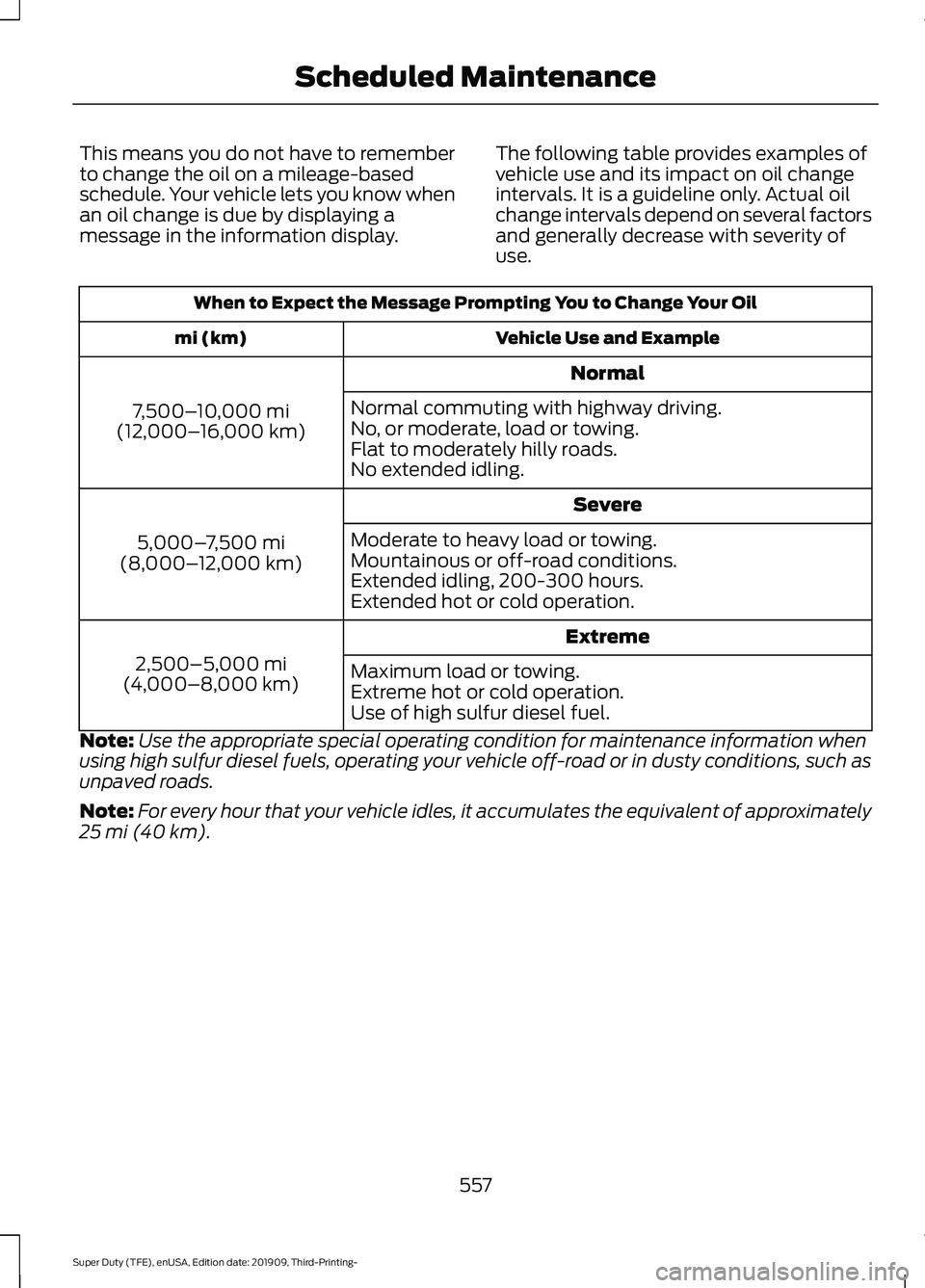 FORD F-550 2020 Owners Manual This means you do not have to remember
to change the oil on a mileage-based
schedule. Your vehicle lets you know when
an oil change is due by displaying a
message in the information display.
The follo FORD F-550 2020 Owners Manual This means you do not have to remember
to change the oil on a mileage-based
schedule. Your vehicle lets you know when
an oil change is due by displaying a
message in the information display.
The follo
