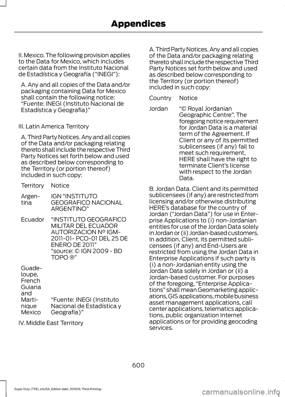 FORD F-550 2020 Owners Manual II. Mexico. The following provision applies
to the Data for Mexico, which includes
certain data from the Instituto Nacional
de Estadística y Geografía (“INEGI”):
A. Any and all copies of the Dat FORD F-550 2020 Owners Manual II. Mexico. The following provision applies
to the Data for Mexico, which includes
certain data from the Instituto Nacional
de Estadística y Geografía (“INEGI”):
A. Any and all copies of the Dat