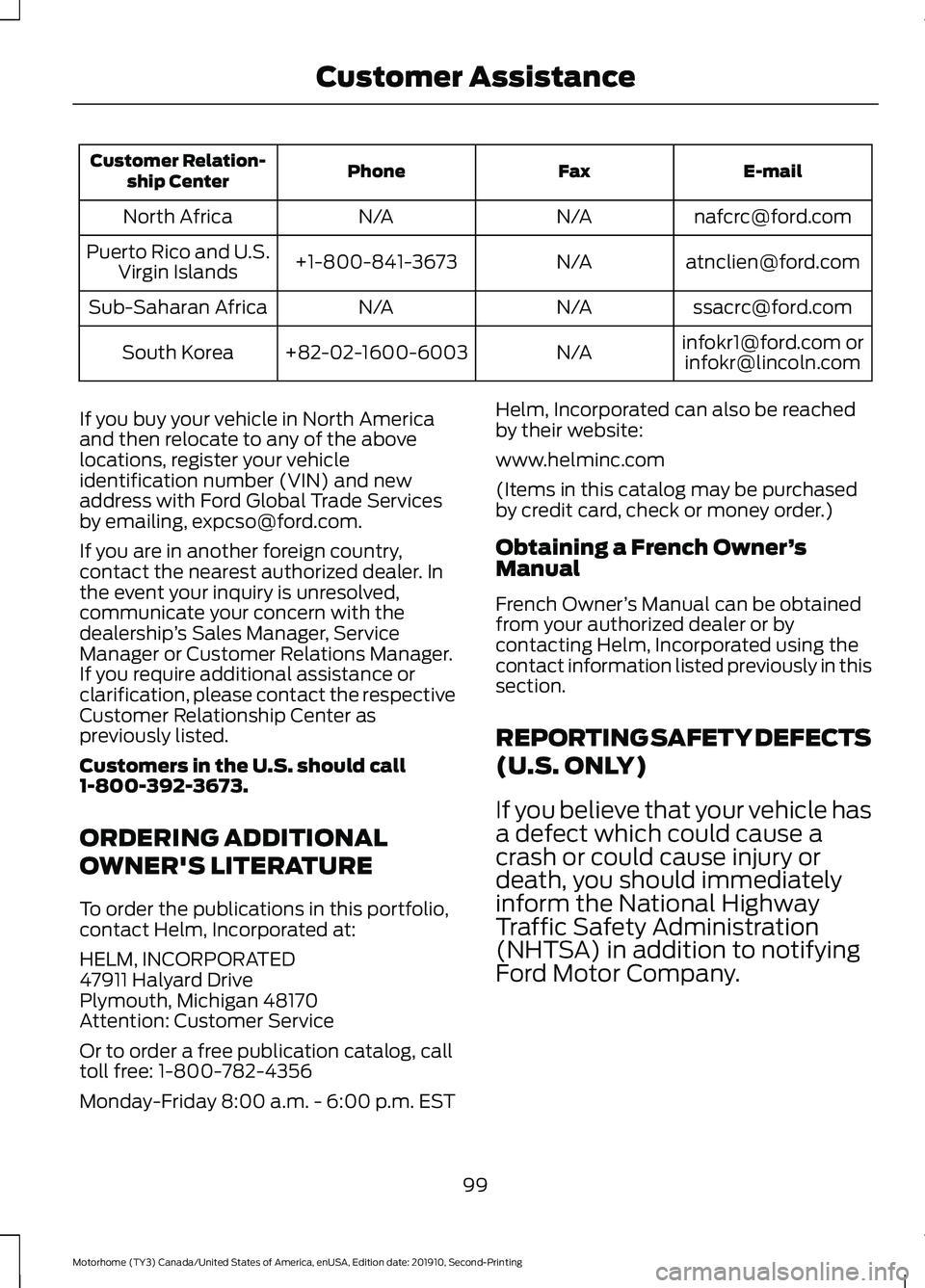 FORD F-59 2020 Owners Manual E-mail
Fax
Phone
Customer Relation-
ship Center
nafcrc@ford.com
N/A
N/A
North Africa
atnclien@ford.com
N/A
+1-800-841-3673
Puerto Rico and U.S.
Virgin Islands
ssacrc@ford.com
N/A
N/A
Sub-Saharan Afric FORD F-59 2020 Owners Manual E-mail
Fax
Phone
Customer Relation-
ship Center
nafcrc@ford.com
N/A
N/A
North Africa
atnclien@ford.com
N/A
+1-800-841-3673
Puerto Rico and U.S.
Virgin Islands
ssacrc@ford.com
N/A
N/A
Sub-Saharan Afric