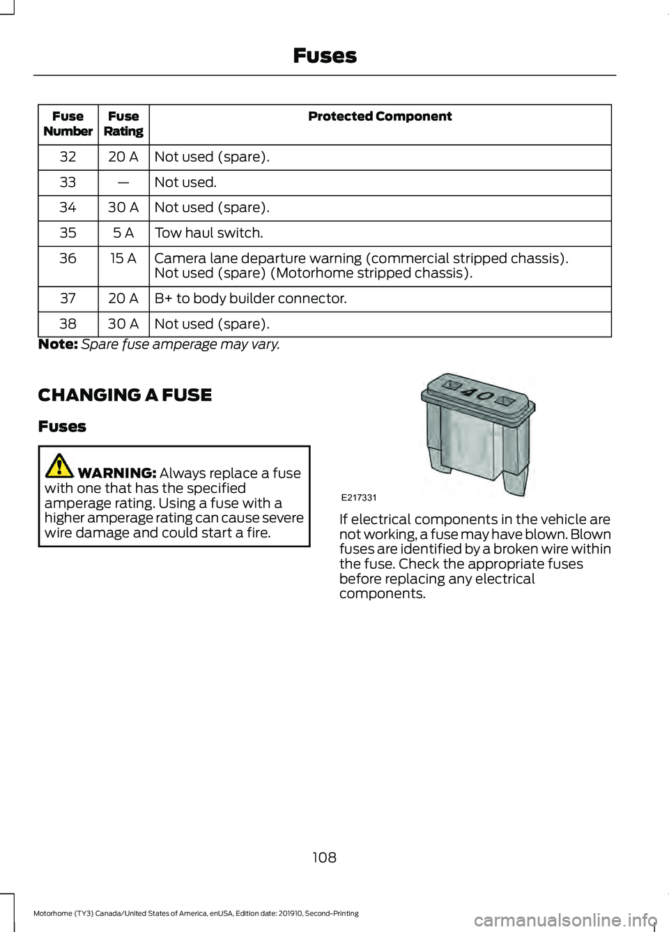 FORD F-59 2020 Owners Manual Protected Component
Fuse
Rating
Fuse
Number
Not used (spare).
20 A
32
Not used.
—
33
Not used (spare).
30 A
34
Tow haul switch.
5 A
35
Camera lane departure warning (commercial stripped chassis).
15 FORD F-59 2020 Owners Manual Protected Component
Fuse
Rating
Fuse
Number
Not used (spare).
20 A
32
Not used.
—
33
Not used (spare).
30 A
34
Tow haul switch.
5 A
35
Camera lane departure warning (commercial stripped chassis).
15