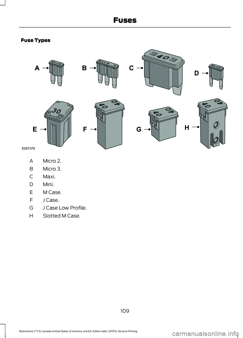 FORD F-59 2020 Owners Manual Fuse Types
Micro 2.
A
Micro 3.
B
Maxi.
C
Mini.
D
M Case.
E
J Case.
F
J Case Low Profile.
G
Slotted M Case.
H
109
Motorhome (TY3) Canada/United States of America, enUSA, Edition date: 201910, Second-Pr FORD F-59 2020 Owners Manual Fuse Types
Micro 2.
A
Micro 3.
B
Maxi.
C
Mini.
D
M Case.
E
J Case.
F
J Case Low Profile.
G
Slotted M Case.
H
109
Motorhome (TY3) Canada/United States of America, enUSA, Edition date: 201910, Second-Pr