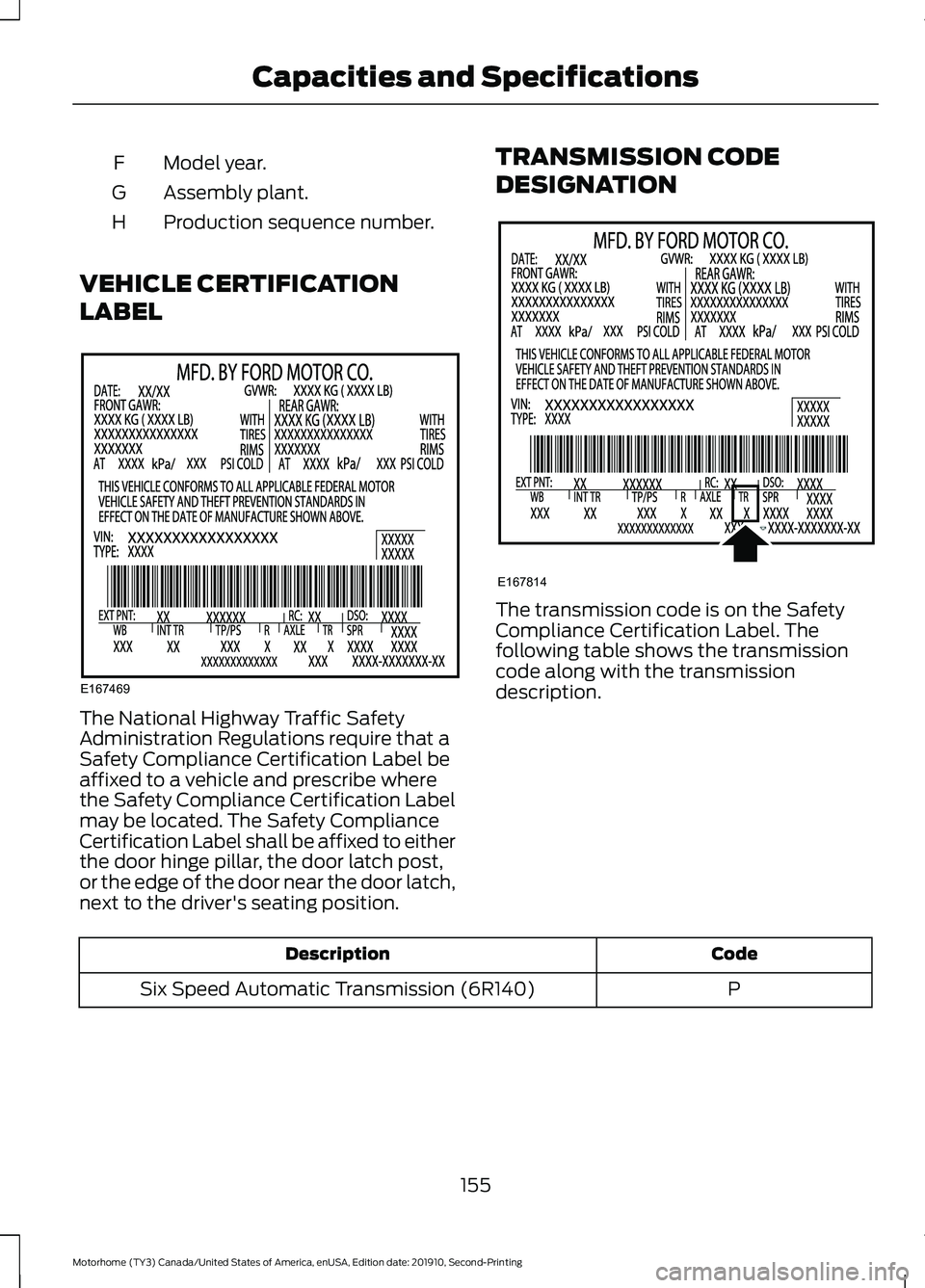 FORD F-59 2020  Owners Manual Model year.
F
Assembly plant.
G
Production sequence number.
H
VEHICLE CERTIFICATION
LABEL The National Highway Traffic Safety
Administration Regulations require that a
Safety Compliance Certification 