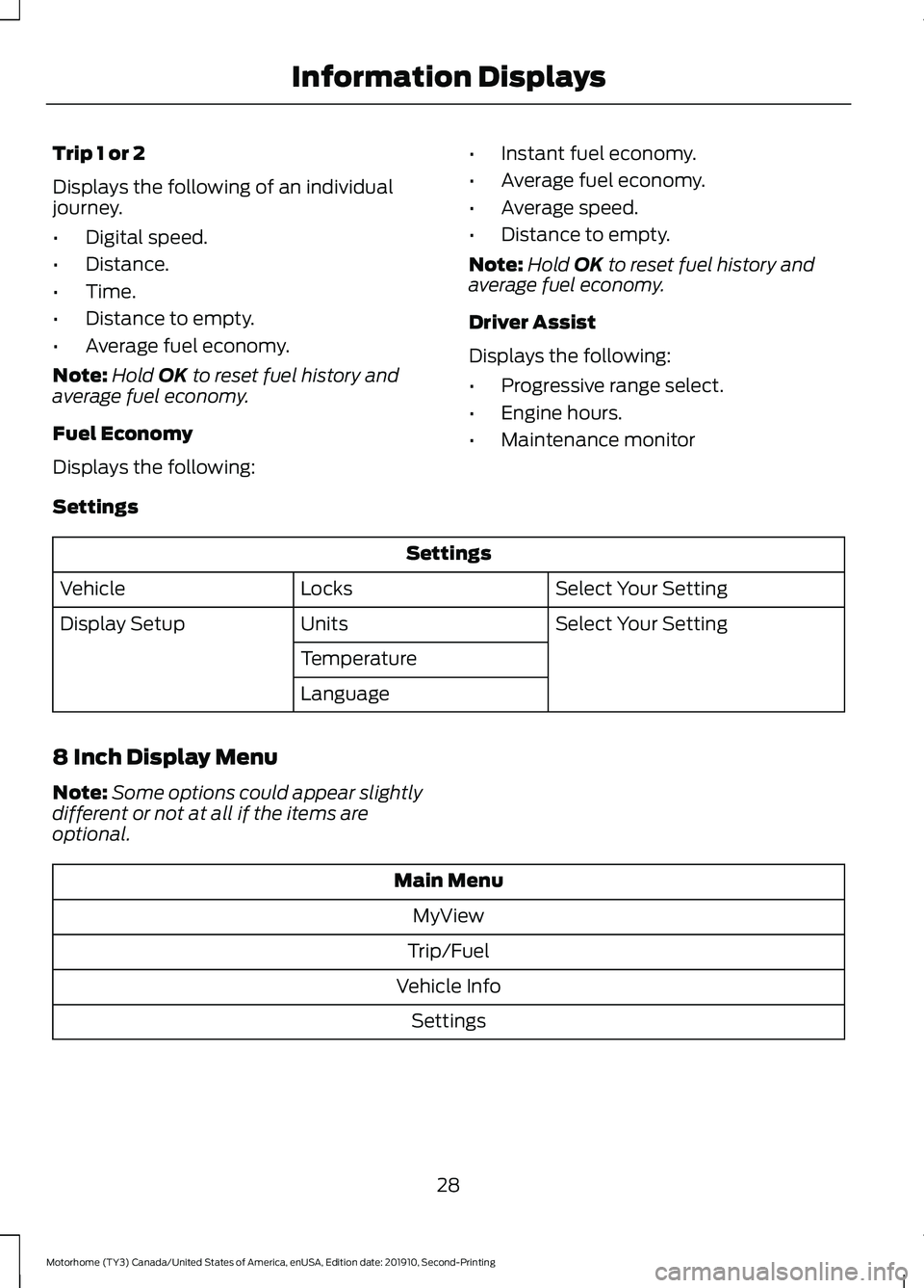 FORD F-59 2020  Owners Manual Trip 1 or 2
Displays the following of an individual
journey.
•
Digital speed.
• Distance.
• Time.
• Distance to empty.
• Average fuel economy.
Note: Hold OK to reset fuel history and
average