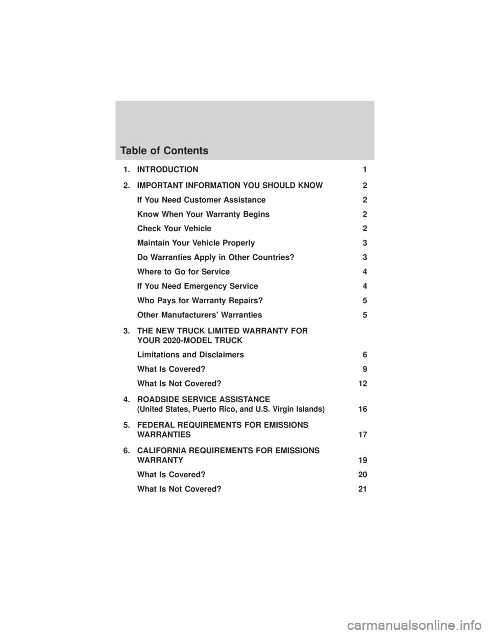 FORD F-600 2020  Warranty Guide Table of Contents
1. INTRODUCTION1
2.
IMPORTANT INFORMATION YOU SHOULD KNOW2
If You Need Customer Assistance 2
Know When Your Warranty Begins 2
Check Your Vehicle 2
Maintain Your Vehicle Properly 3
Do