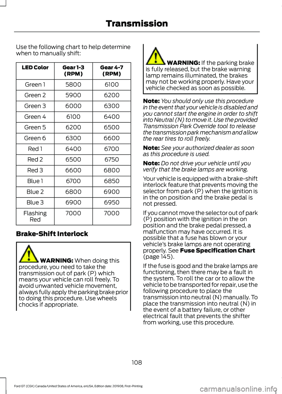 FORD GT 2020 User Guide Use the following chart to help determine
when to manually shift:
Gear 4-7
(RPM)
Gear 1-3
(RPM)
LED Color
6100
5800
Green 1
6200
5900
Green 2
6300
6000
Green 3
6400
6100
Green 4
6500
6200
Green 5
6600 FORD GT 2020 User Guide Use the following chart to help determine
when to manually shift:
Gear 4-7
(RPM)
Gear 1-3
(RPM)
LED Color
6100
5800
Green 1
6200
5900
Green 2
6300
6000
Green 3
6400
6100
Green 4
6500
6200
Green 5
6600