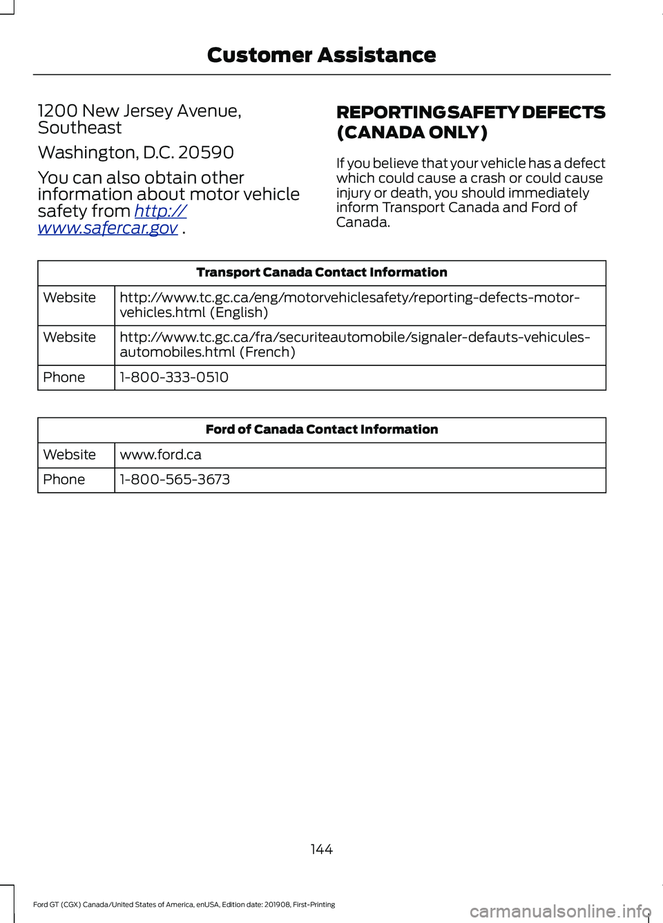 FORD GT 2020 Owners Manual 1200 New Jersey Avenue,
Southeast
Washington, D.C. 20590
You can also obtain other
information about motor vehicle
safety from ht
tp:/ /
www .s a f er c ar .g o v .
REPORTING SAFETY DEFECTS
(CANADA O FORD GT 2020 Owners Manual 1200 New Jersey Avenue,
Southeast
Washington, D.C. 20590
You can also obtain other
information about motor vehicle
safety from ht
tp:/ /
www .s a f er c ar .g o v .
REPORTING SAFETY DEFECTS
(CANADA O