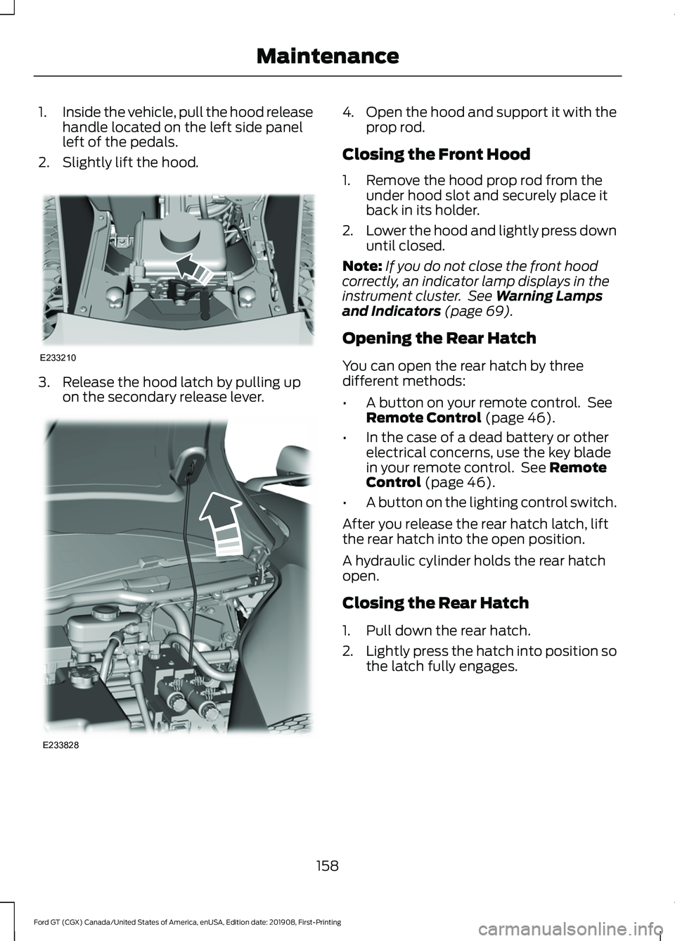 FORD GT 2020 Service Manual 1.
Inside the vehicle, pull the hood release
handle located on the left side panel
left of the pedals.
2. Slightly lift the hood. 3. Release the hood latch by pulling up
on the secondary release lever FORD GT 2020 Service Manual 1.
Inside the vehicle, pull the hood release
handle located on the left side panel
left of the pedals.
2. Slightly lift the hood. 3. Release the hood latch by pulling up
on the secondary release lever