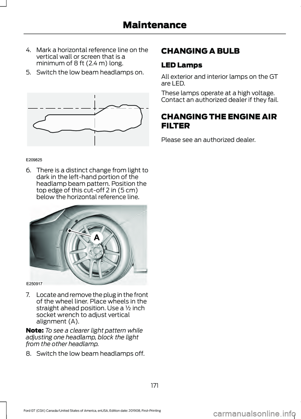 FORD GT 2020 Owners Manual 4.
Mark a horizontal reference line on the
vertical wall or screen that is a
minimum of 8 ft (2.4 m) long.
5. Switch the low beam headlamps on. 6.
There is a distinct change from light to
dark in the FORD GT 2020 Owners Manual 4.
Mark a horizontal reference line on the
vertical wall or screen that is a
minimum of 8 ft (2.4 m) long.
5. Switch the low beam headlamps on. 6.
There is a distinct change from light to
dark in the