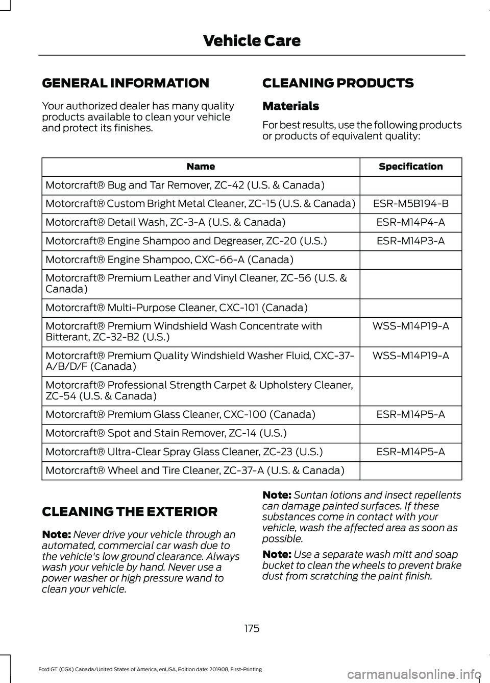 FORD GT 2020 Owners Manual GENERAL INFORMATION
Your authorized dealer has many quality
products available to clean your vehicle
and protect its finishes.
CLEANING PRODUCTS
Materials
For best results, use the following products
FORD GT 2020 Owners Manual GENERAL INFORMATION
Your authorized dealer has many quality
products available to clean your vehicle
and protect its finishes.
CLEANING PRODUCTS
Materials
For best results, use the following products
