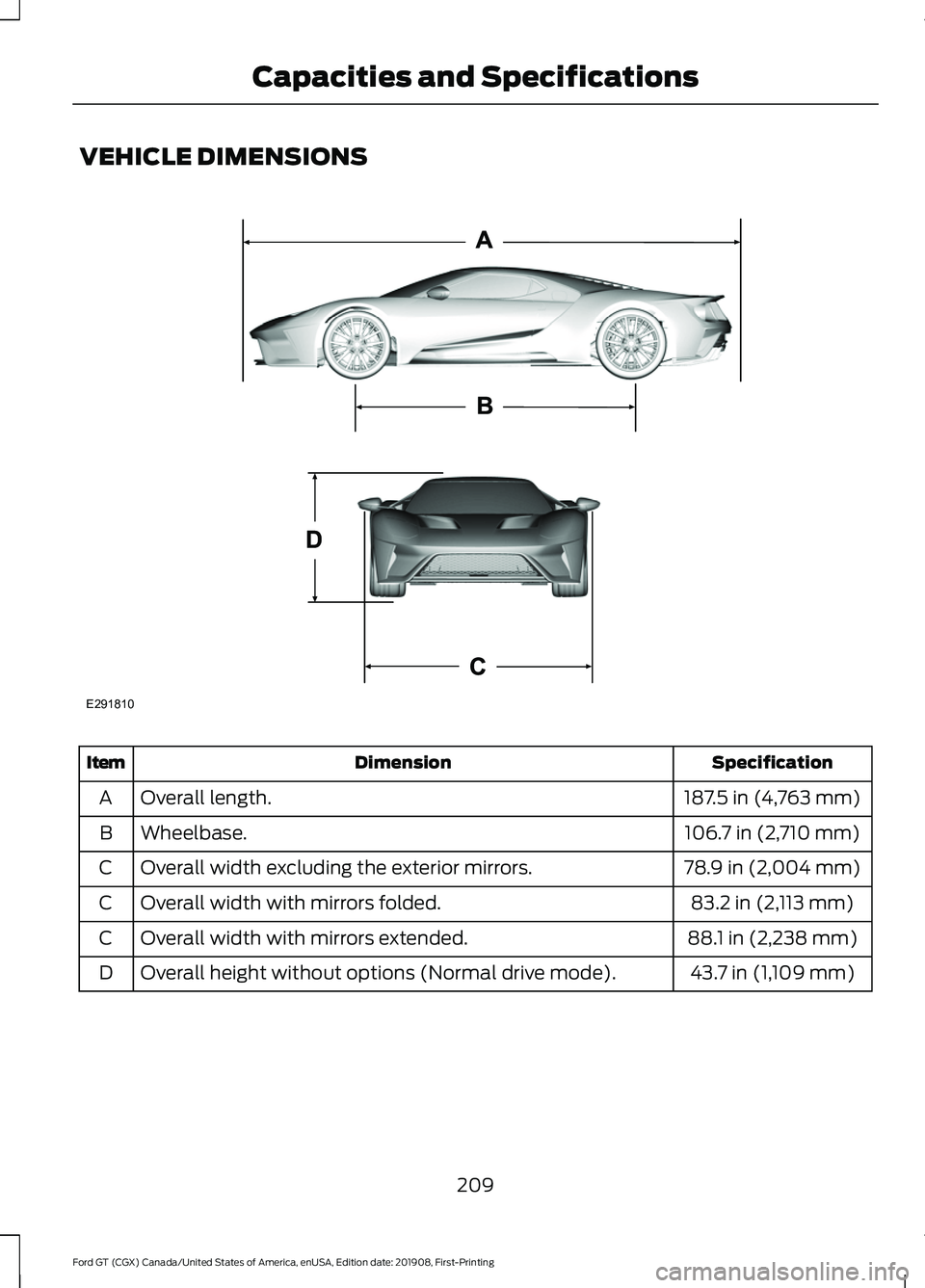 FORD GT 2020 Owners Manual VEHICLE DIMENSIONS
Specification
Dimension
Item
187.5 in (4,763 mm)
Overall length.
A
106.7 in (2,710 mm)
Wheelbase.
B
78.9 in (2,004 mm)
Overall width excluding the exterior mirrors.
C
83.2 in (2,113 FORD GT 2020 Owners Manual VEHICLE DIMENSIONS
Specification
Dimension
Item
187.5 in (4,763 mm)
Overall length.
A
106.7 in (2,710 mm)
Wheelbase.
B
78.9 in (2,004 mm)
Overall width excluding the exterior mirrors.
C
83.2 in (2,113