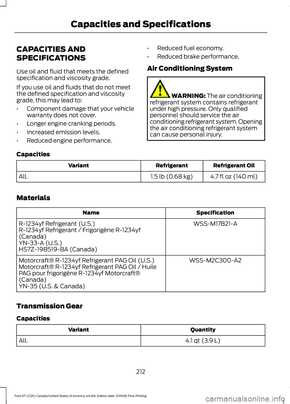 FORD GT 2020 Owners Manual CAPACITIES AND
SPECIFICATIONS
Use oil and fluid that meets the defined
specification and viscosity grade.
If you use oil and fluids that do not meet
the defined specification and viscosity
grade, this FORD GT 2020 Owners Manual CAPACITIES AND
SPECIFICATIONS
Use oil and fluid that meets the defined
specification and viscosity grade.
If you use oil and fluids that do not meet
the defined specification and viscosity
grade, this