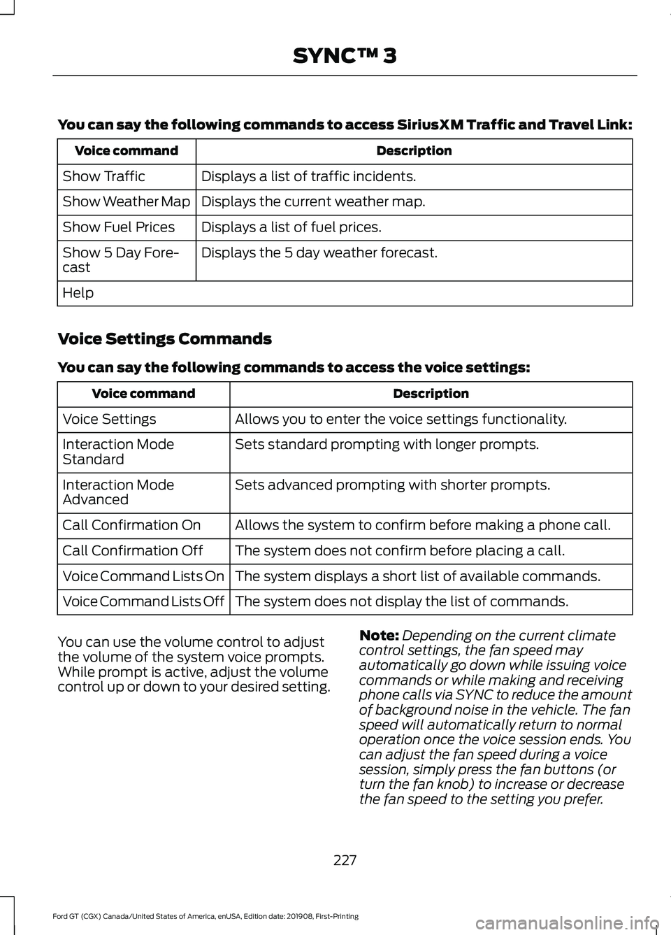 FORD GT 2020 Service Manual You can say the following commands to access SiriusXM Traffic and Travel Link:
Description
Voice command
Displays a list of traffic incidents.
Show Traffic
Displays the current weather map.
Show Weath FORD GT 2020 Service Manual You can say the following commands to access SiriusXM Traffic and Travel Link:
Description
Voice command
Displays a list of traffic incidents.
Show Traffic
Displays the current weather map.
Show Weath
