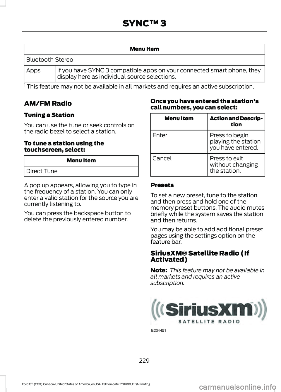 FORD GT 2020 Owners Manual Menu Item
Bluetooth Stereo If you have SYNC 3 compatible apps on your connected smart phone, they
display here as individual source selections.
Apps
1 This feature may not be available in all markets FORD GT 2020 Owners Manual Menu Item
Bluetooth Stereo If you have SYNC 3 compatible apps on your connected smart phone, they
display here as individual source selections.
Apps
1 This feature may not be available in all markets