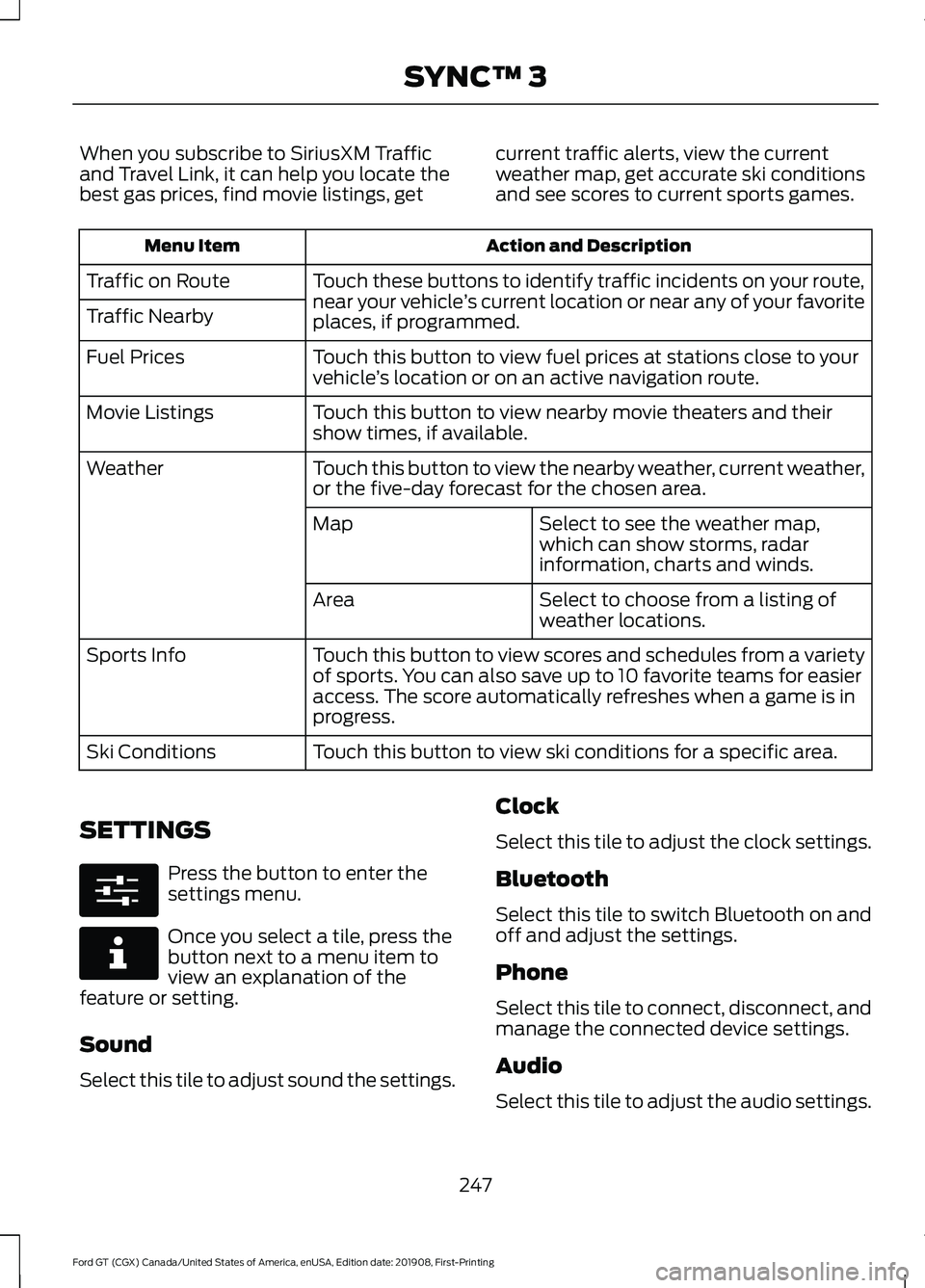 FORD GT 2020 Owners Manual When you subscribe to SiriusXM Traffic
and Travel Link, it can help you locate the
best gas prices, find movie listings, get
current traffic alerts, view the current
weather map, get accurate ski cond FORD GT 2020 Owners Manual When you subscribe to SiriusXM Traffic
and Travel Link, it can help you locate the
best gas prices, find movie listings, get
current traffic alerts, view the current
weather map, get accurate ski cond