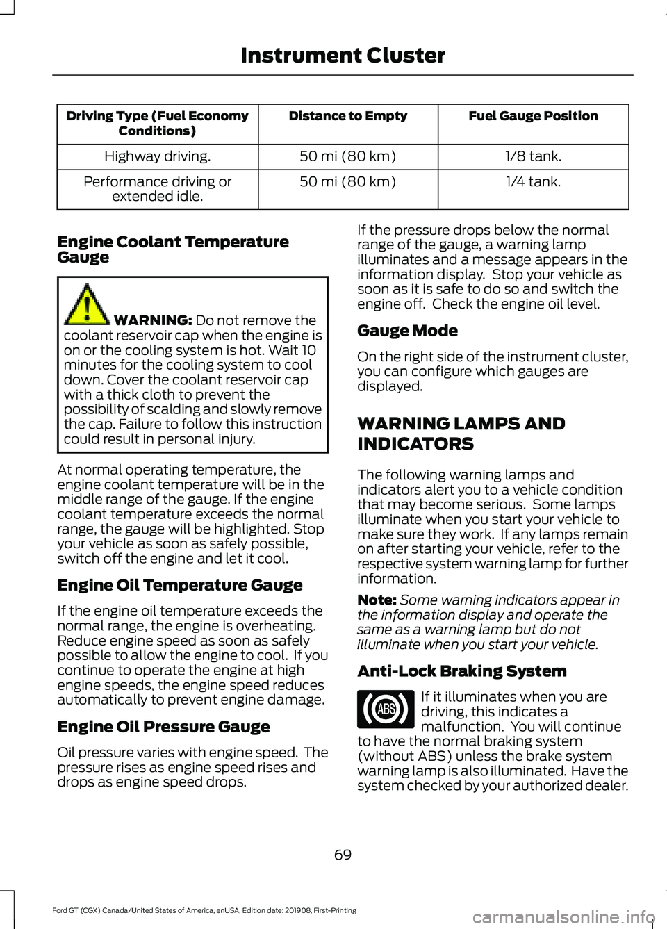 FORD GT 2020 Owners Manual Fuel Gauge Position
Distance to Empty
Driving Type (Fuel Economy
Conditions)
1/8 tank.
50 mi (80 km)
Highway driving.
1/4 tank.
50 mi (80 km)
Performance driving or
extended idle.
Engine Coolant Tempe FORD GT 2020 Owners Manual Fuel Gauge Position
Distance to Empty
Driving Type (Fuel Economy
Conditions)
1/8 tank.
50 mi (80 km)
Highway driving.
1/4 tank.
50 mi (80 km)
Performance driving or
extended idle.
Engine Coolant Tempe