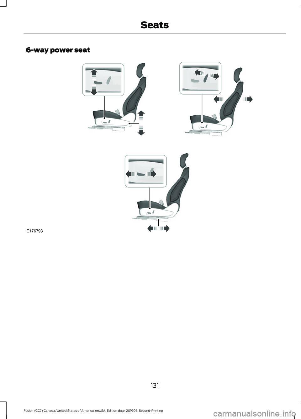 FORD FUSION 2020  Owners Manual 6-way power seat
131
Fusion (CC7) Canada/United States of America, enUSA, Edition date: 201905, Second-Printing SeatsE176793  