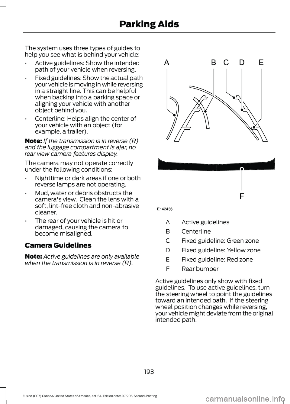 FORD FUSION 2020 Owners Guide The system uses three types of guides to
help you see what is behind your vehicle:
•
Active guidelines: Show the intended
path of your vehicle when reversing.
• Fixed guidelines: Show the actual p