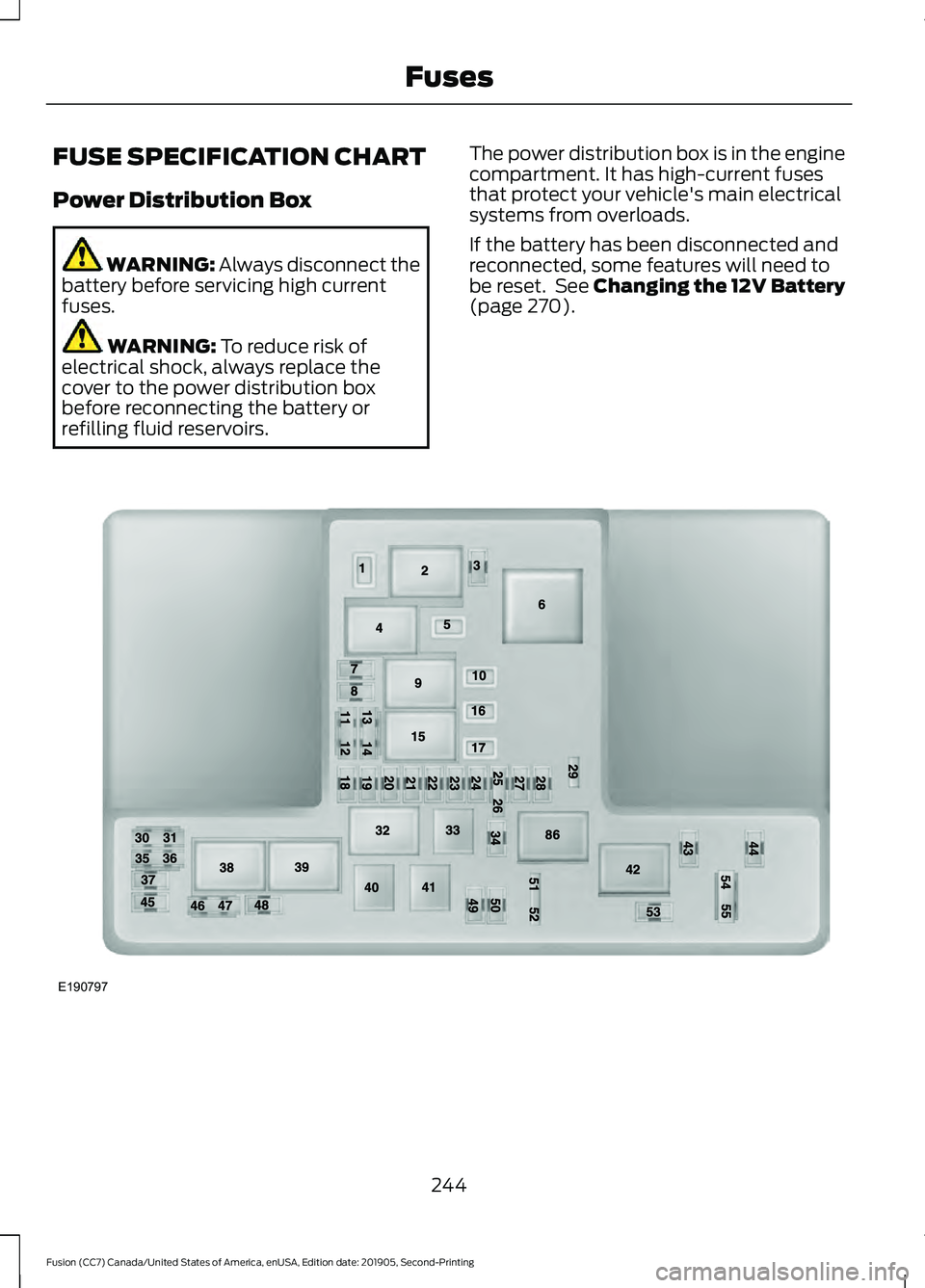 FORD FUSION 2020 Owners Manual FUSE SPECIFICATION CHART
Power Distribution Box
WARNING: Always disconnect the
battery before servicing high current
fuses. WARNING:
To reduce risk of
electrical shock, always replace the
cover to th FORD FUSION 2020 Owners Manual FUSE SPECIFICATION CHART
Power Distribution Box
WARNING: Always disconnect the
battery before servicing high current
fuses. WARNING:
To reduce risk of
electrical shock, always replace the
cover to th