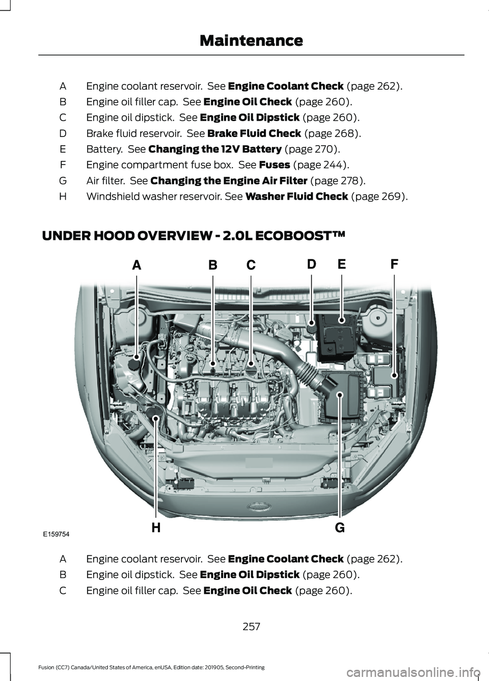 FORD FUSION 2020  Owners Manual Engine coolant reservoir.  See Engine Coolant Check (page 262).
A
Engine oil filler cap.  See 
Engine Oil Check (page 260).
B
Engine oil dipstick.  See 
Engine Oil Dipstick (page 260).
C
Brake fluid r
