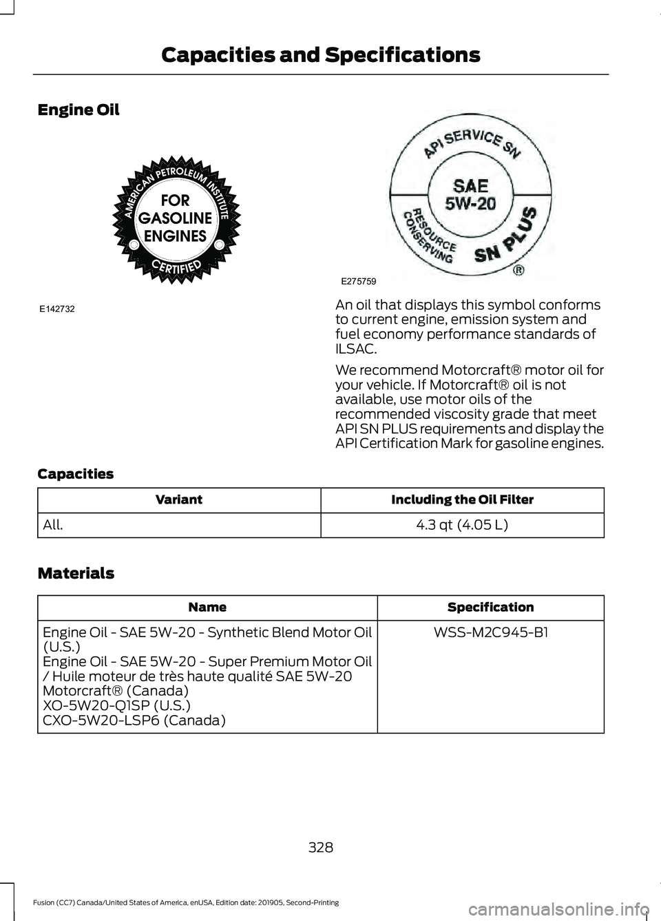 FORD FUSION 2020 Owners Manual Engine Oil
An oil that displays this symbol conforms
to current engine, emission system and
fuel economy performance standards of
ILSAC.
We recommend Motorcraft® motor oil for
your vehicle. If Motorc FORD FUSION 2020 Owners Manual Engine Oil
An oil that displays this symbol conforms
to current engine, emission system and
fuel economy performance standards of
ILSAC.
We recommend Motorcraft® motor oil for
your vehicle. If Motorc