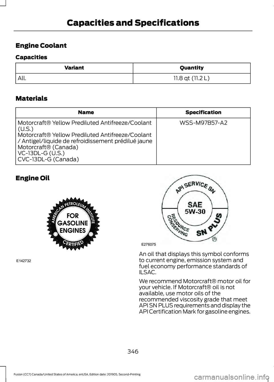 FORD FUSION 2020 Owners Manual Engine Coolant
Capacities
Quantity
Variant
11.8 qt (11.2 L)
All.
Materials Specification
Name
WSS-M97B57-A2
Motorcraft® Yellow Prediluted Antifreeze/Coolant
(U.S.)
Motorcraft® Yellow Prediluted Anti FORD FUSION 2020 Owners Manual Engine Coolant
Capacities
Quantity
Variant
11.8 qt (11.2 L)
All.
Materials Specification
Name
WSS-M97B57-A2
Motorcraft® Yellow Prediluted Antifreeze/Coolant
(U.S.)
Motorcraft® Yellow Prediluted Anti
