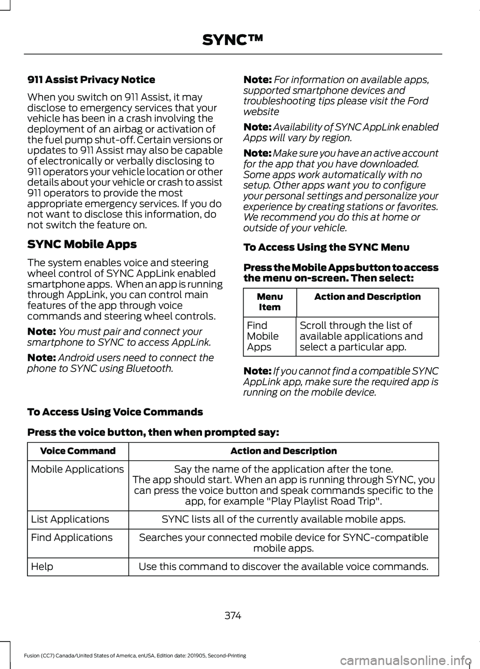 FORD FUSION 2020 User Guide 911 Assist Privacy Notice
When you switch on 911 Assist, it may
disclose to emergency services that your
vehicle has been in a crash involving the
deployment of an airbag or activation of
the fuel pum FORD FUSION 2020 User Guide 911 Assist Privacy Notice
When you switch on 911 Assist, it may
disclose to emergency services that your
vehicle has been in a crash involving the
deployment of an airbag or activation of
the fuel pum
