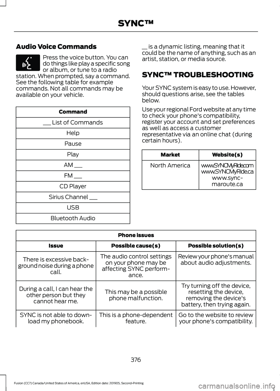 FORD FUSION 2020  Owners Manual Audio Voice Commands
Press the voice button. You can
do things like play a specific song
or album, or tune to a radio
station. When prompted, say a command.
See the following table for example
command