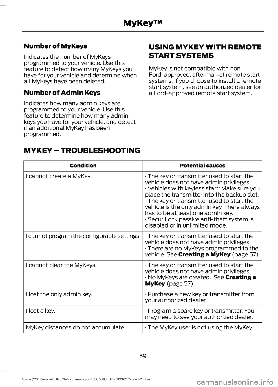 FORD FUSION 2020 User Guide Number of MyKeys
Indicates the number of MyKeys
programmed to your vehicle. Use this
feature to detect how many MyKeys you
have for your vehicle and determine when
all MyKeys have been deleted.
Number FORD FUSION 2020 User Guide Number of MyKeys
Indicates the number of MyKeys
programmed to your vehicle. Use this
feature to detect how many MyKeys you
have for your vehicle and determine when
all MyKeys have been deleted.
Number