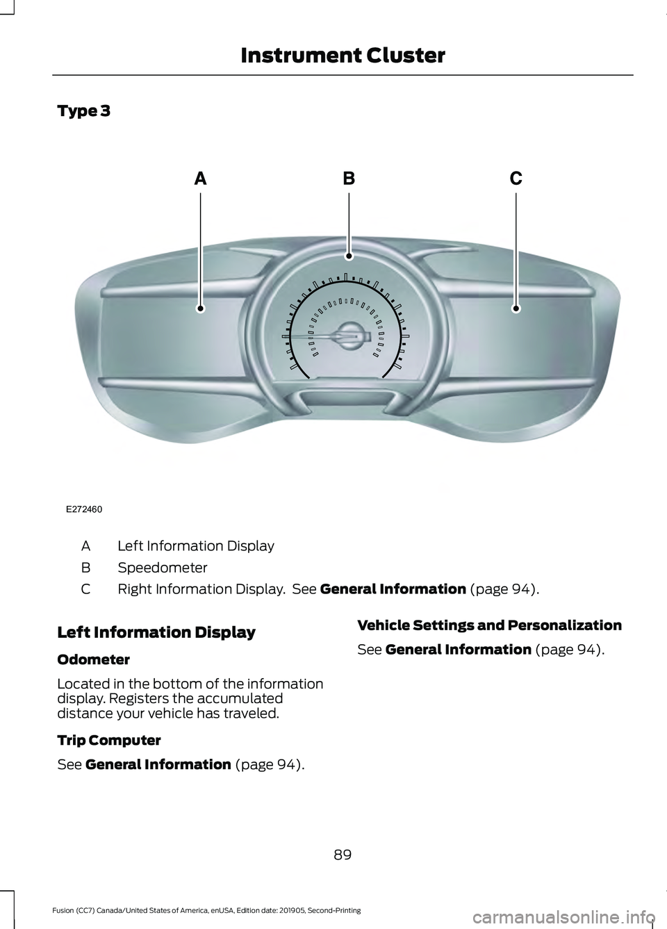 FORD FUSION 2020  Owners Manual Type 3
Left Information Display
A
Speedometer
B
Right Information Display.  See General Information (page 94).
C
Left Information Display
Odometer
Located in the bottom of the information
display. Reg