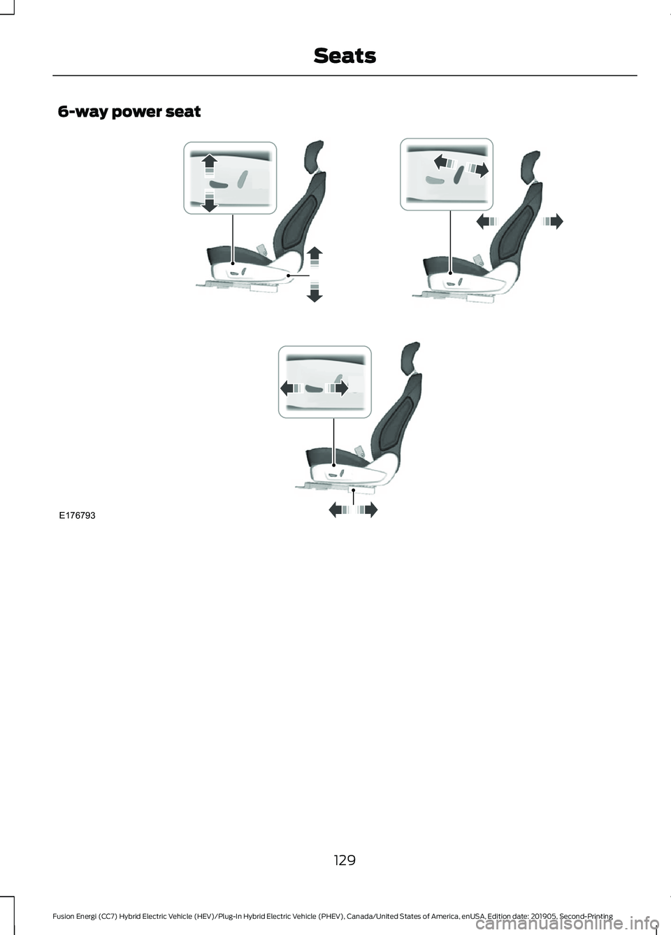 FORD FUSION/HYBRID 2020 Owners Manual 6-way power seat
129
Fusion Energi (CC7) Hybrid Electric Vehicle (HEV)/Plug-In Hybrid Electric Vehicle (PHEV), Canada/United States of America, enUSA, Edition date: 201905, Second-Printing SeatsE17679 FORD FUSION/HYBRID 2020 Owners Manual 6-way power seat
129
Fusion Energi (CC7) Hybrid Electric Vehicle (HEV)/Plug-In Hybrid Electric Vehicle (PHEV), Canada/United States of America, enUSA, Edition date: 201905, Second-Printing SeatsE17679