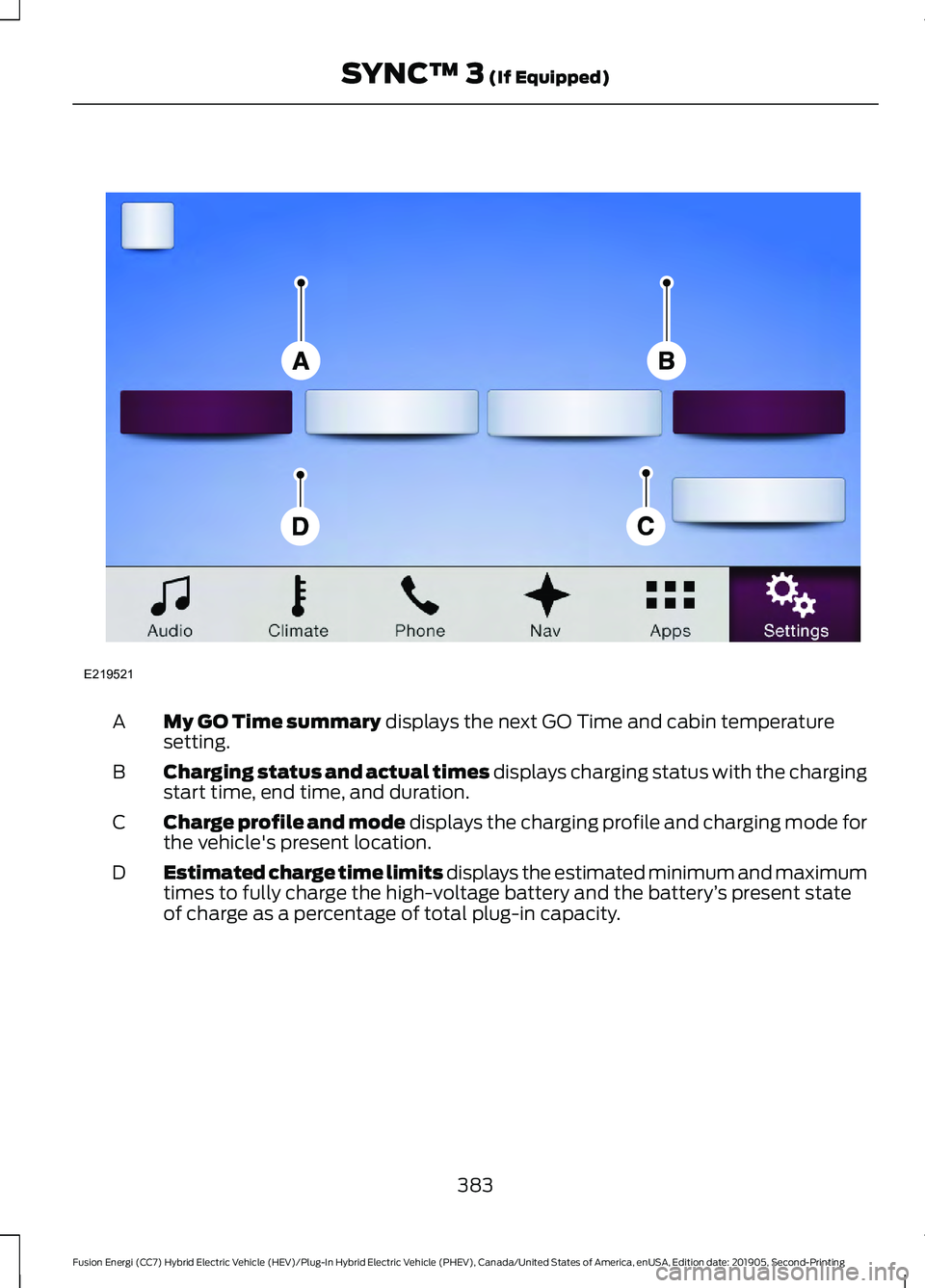FORD FUSION/HYBRID 2020  Owners Manual My GO Time summary displays the next GO Time and cabin temperature
setting.
A
Charging status and actual times displays charging status with the charging
start time, end time, and duration.
B
Charge p