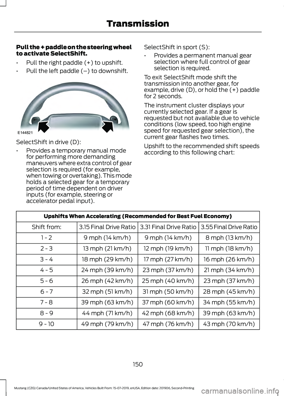 FORD MUSTANG 2020 Owners Manual Pull the + paddle on the steering wheel
to activate SelectShift.
•
Pull the right paddle (+) to upshift.
• Pull the left paddle (–) to downshift. SelectShift in drive (D):
•
Provides a tempora FORD MUSTANG 2020 Owners Manual Pull the + paddle on the steering wheel
to activate SelectShift.
•
Pull the right paddle (+) to upshift.
• Pull the left paddle (–) to downshift. SelectShift in drive (D):
•
Provides a tempora