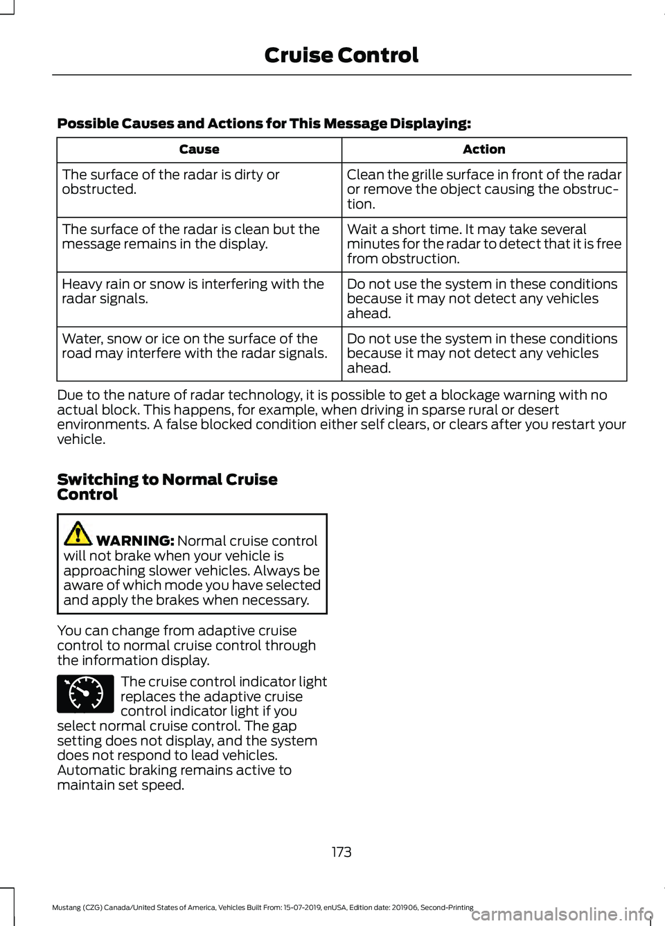FORD MUSTANG 2020 Repair Manual Possible Causes and Actions for This Message Displaying:
Action
Cause
Clean the grille surface in front of the radar
or remove the object causing the obstruc-
tion.
The surface of the radar is dirty o FORD MUSTANG 2020 Repair Manual Possible Causes and Actions for This Message Displaying:
Action
Cause
Clean the grille surface in front of the radar
or remove the object causing the obstruc-
tion.
The surface of the radar is dirty o