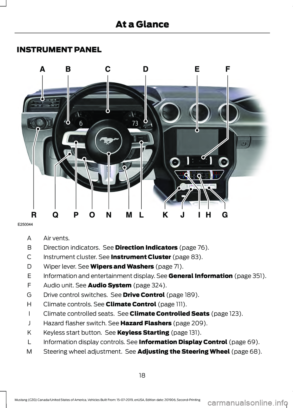 FORD MUSTANG 2020 Owners Manual INSTRUMENT PANEL
Air vents.
A
Direction indicators.  See Direction Indicators (page 76).
B
Instrument cluster.
 See Instrument Cluster (page 83).
C
Wiper lever.
 See Wipers and Washers (page 71).
D
In